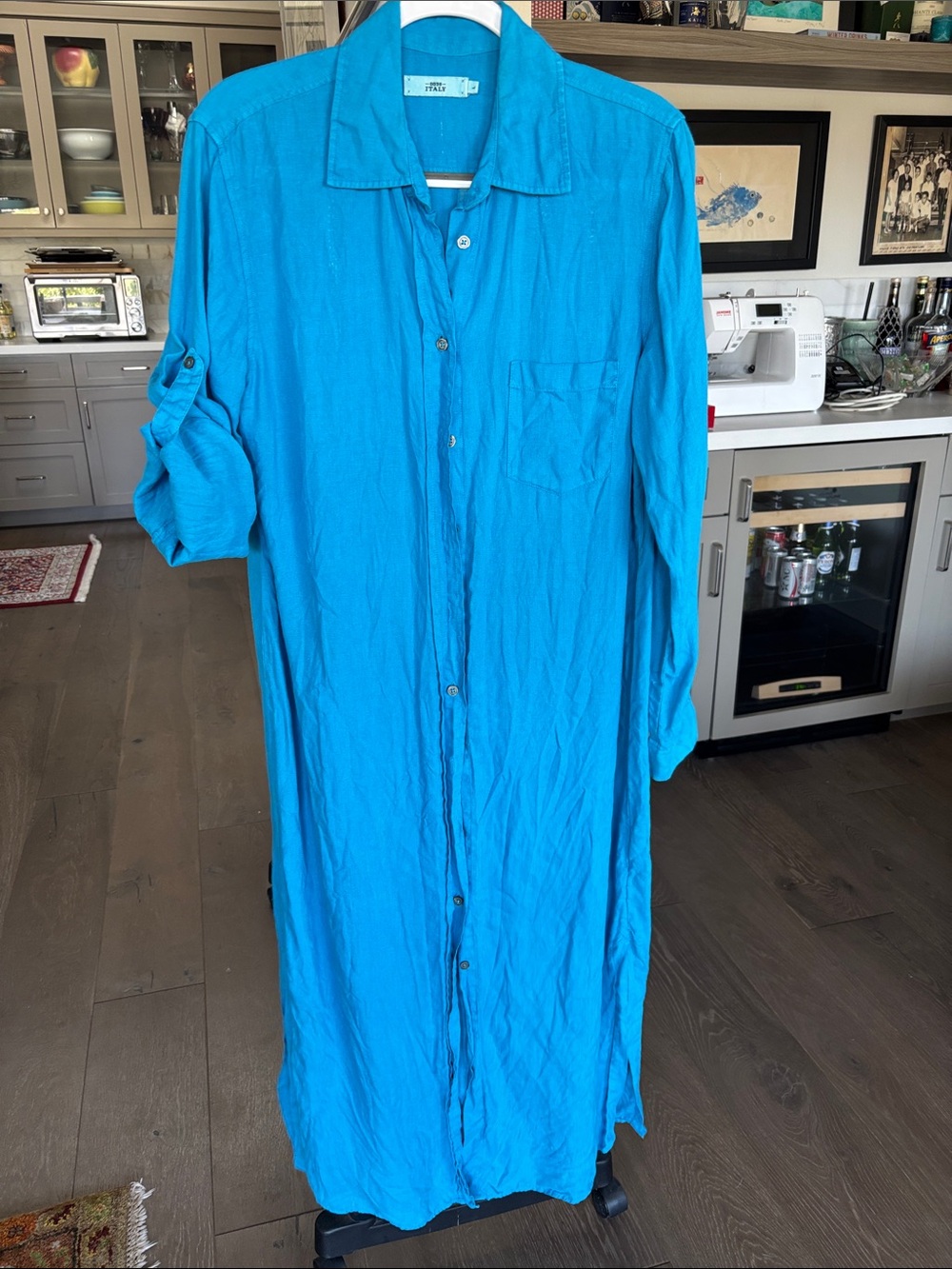 0039 Italy Turquoise Linen Shirt Dress Size L